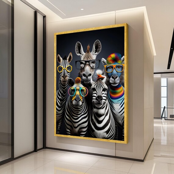 Playful Animal Portraits Canvas Zebra And Giraffe Wall Art Colorful Glasses Wildlife Illustration Fun Safari Decor Ready To Hang
