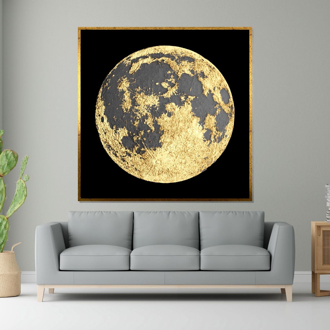 Golden Full Moon Black Night Sky Textured Lunar Celestial Wall Art
