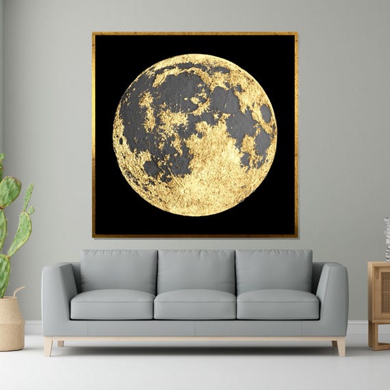 Golden Moon Lunar Wall Art Black And Gold Print Celestial Decor Wall Art Design Ready To Hang Decoration