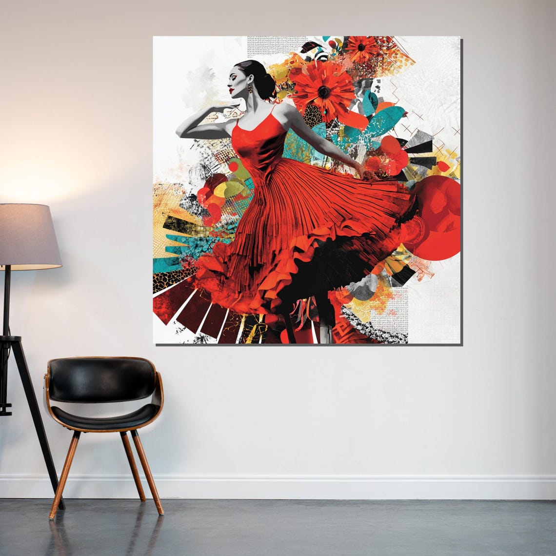 Red Dress Dancer Bold Modern Collage Colorful Floral Dance Poster - Image 2
