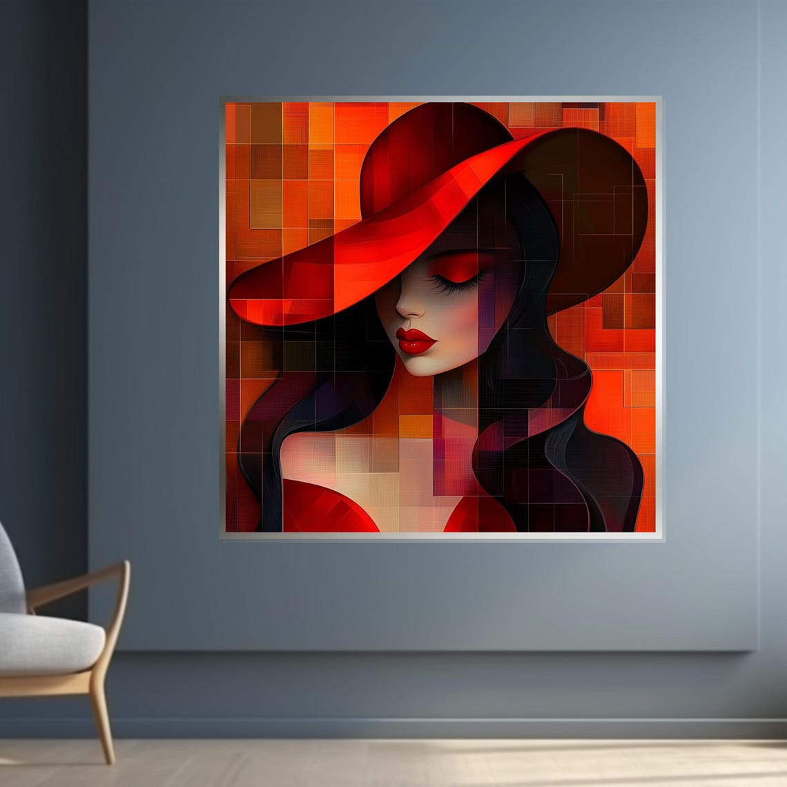 Woman In Red Hat On Fiery Mosaic Background Bold Abstract Poster - Image 4