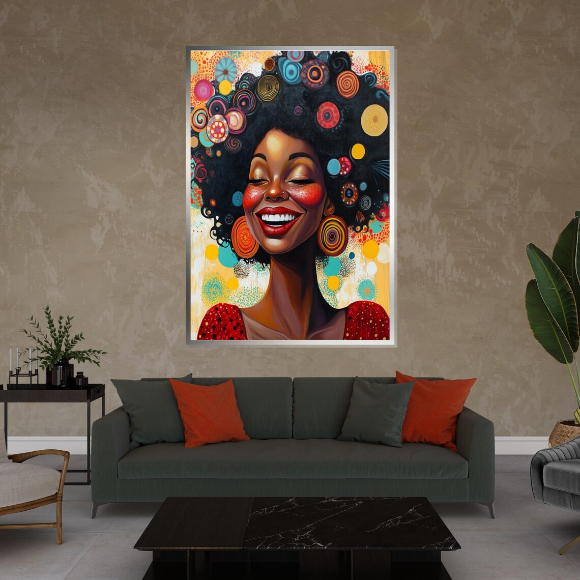 Joyful African Woman Smiling Colorful Afro Patterned Hair Art Poster - Image 4