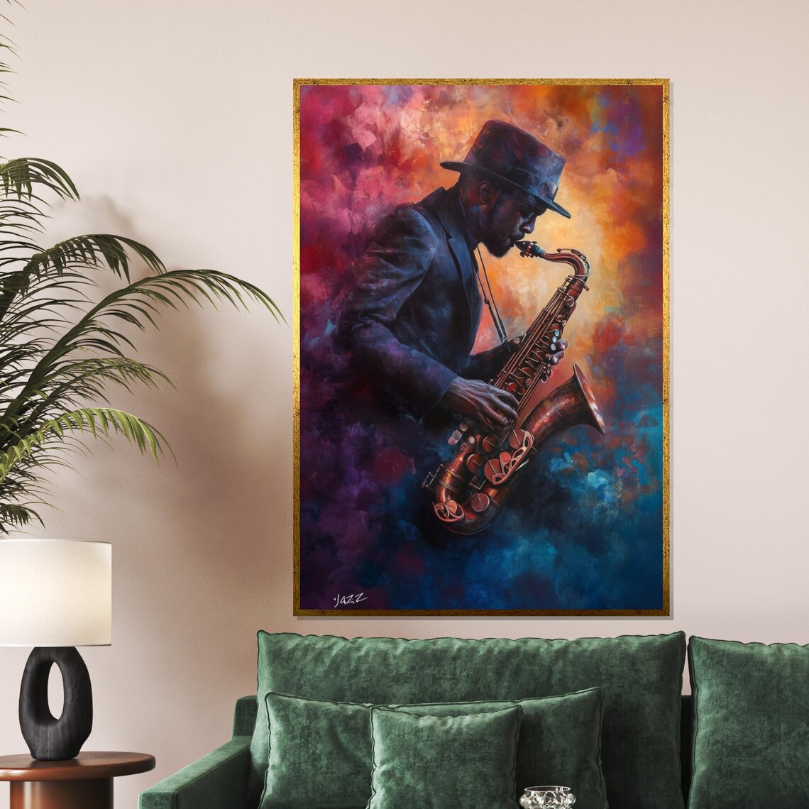 Jazz Saxophone Player Swirling Smoke Colorful Club Music Poster