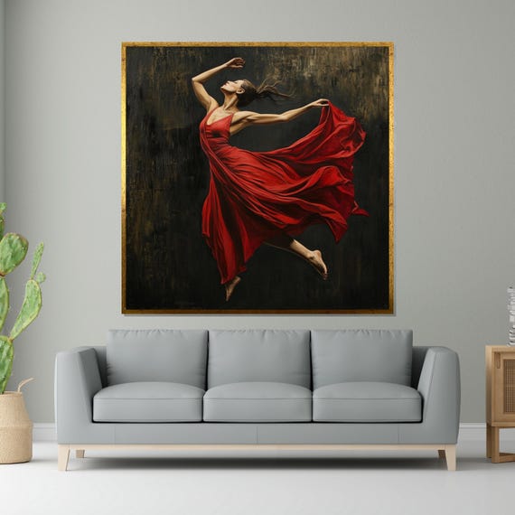 Elegant Dancer Red Dress Art Ballerina Wall Print Dancing Wall Art Design Ready To Hang Decoration
