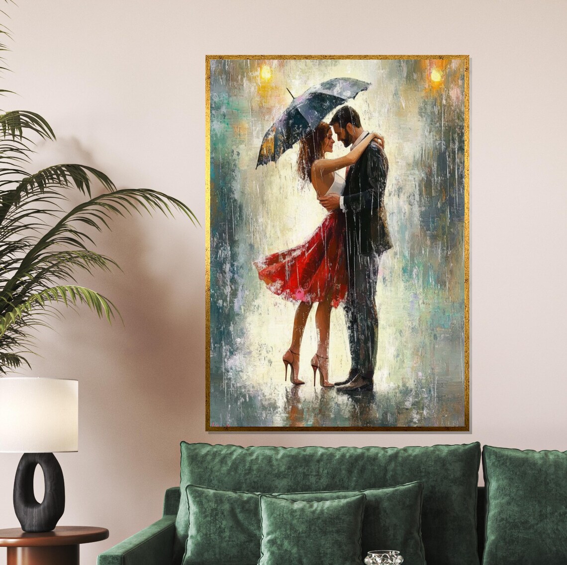 Romantic Couple Under Umbrella in the Rain Red Dress Art Poster