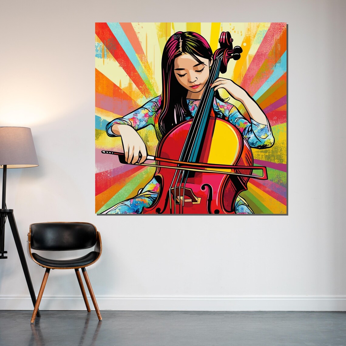 Girl Playing Cello Rainbow Sunbeam Colorful Pop Art Music Poster - Image 2