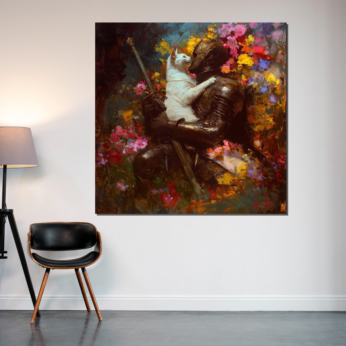 Medieval Knight Hugging White Cat In Flower Garden Fantasy Wall Art - Image 2