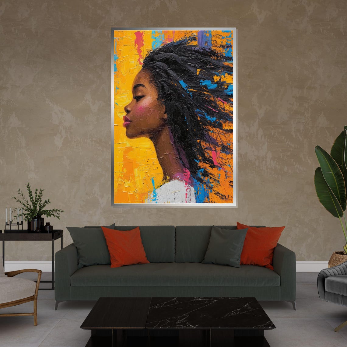 Vibrant Black Woman Profile Flowing Hair Golden Background Art Poster - Image 4