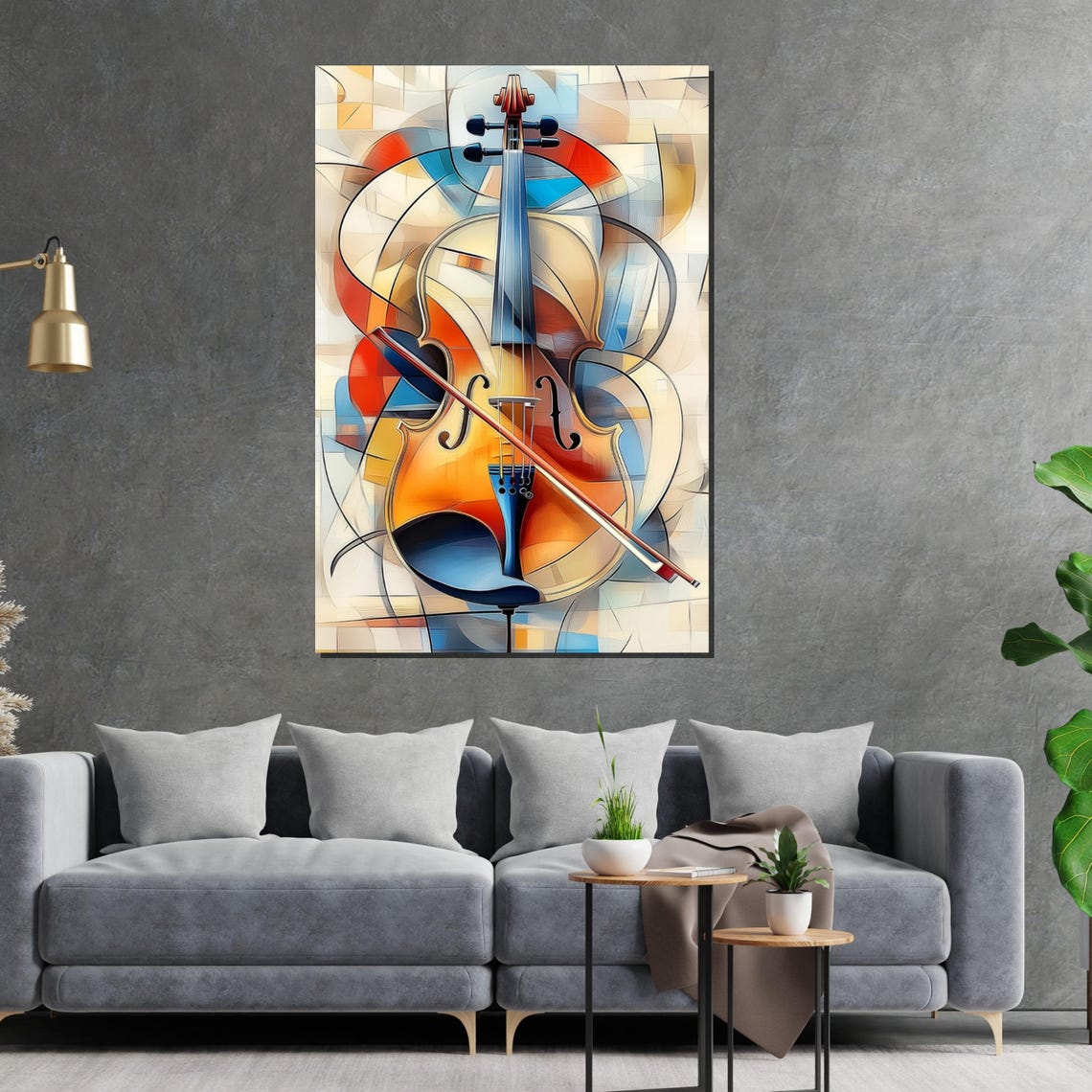 Cubist Style Violin with Bow Warm Red Blue Abstract Music Poster - Image 2