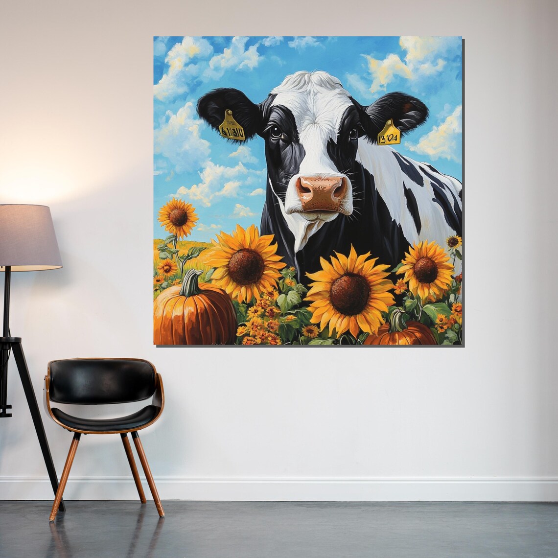 Cow Sunflowers Pumpkins Cheerful Farm Harvest Fall Art Poster - Image 2