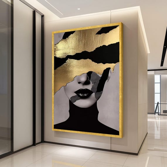 Abstract Female Portrait Canvas Gold Leaf Wall Art Modern Face Illustration Black Lips Contemporary Home Decor Ready To Hang