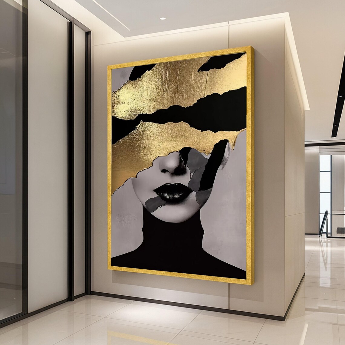 Abstract Woman Face Gold Leaf Collage Modern Art Portrait Poster