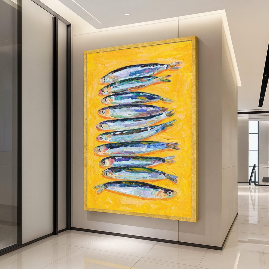 Sardine Fish Row Yellow Background Modern Kitchen Oil Painting Print