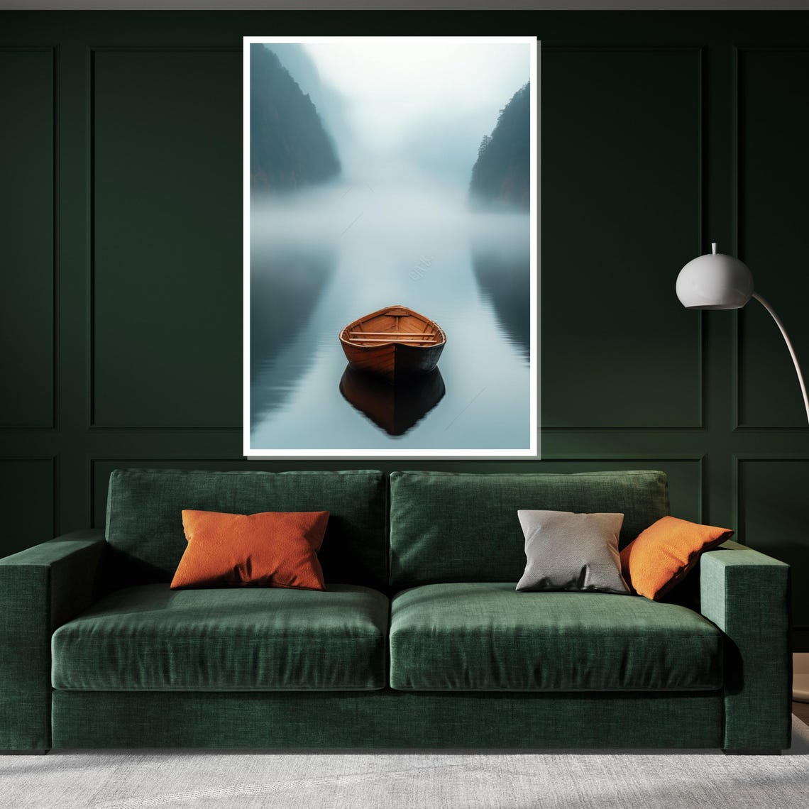 Wooden Rowboat on Misty Lake Foggy Minimalist Serenity Poster - Image 3