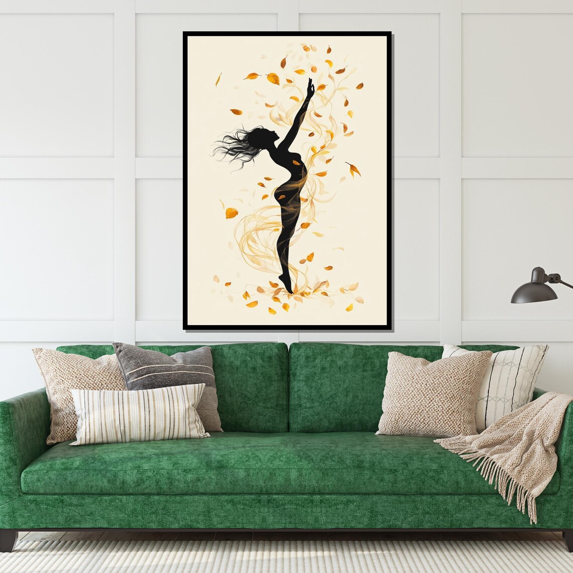 Dancing Woman Silhouette Swirling Autumn Leaves Cream Background Poster - Image 5