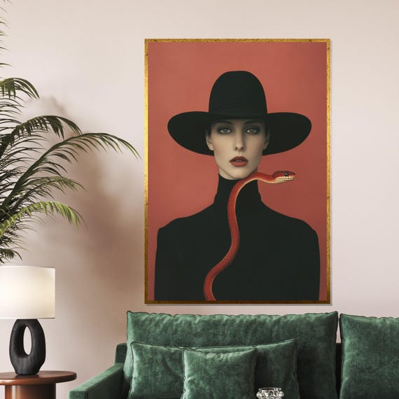 Mysterious Woman With Snake Modern Portrait Art Black Hat Wall Print Red Snake Design Framed Decor Ready To Hang
