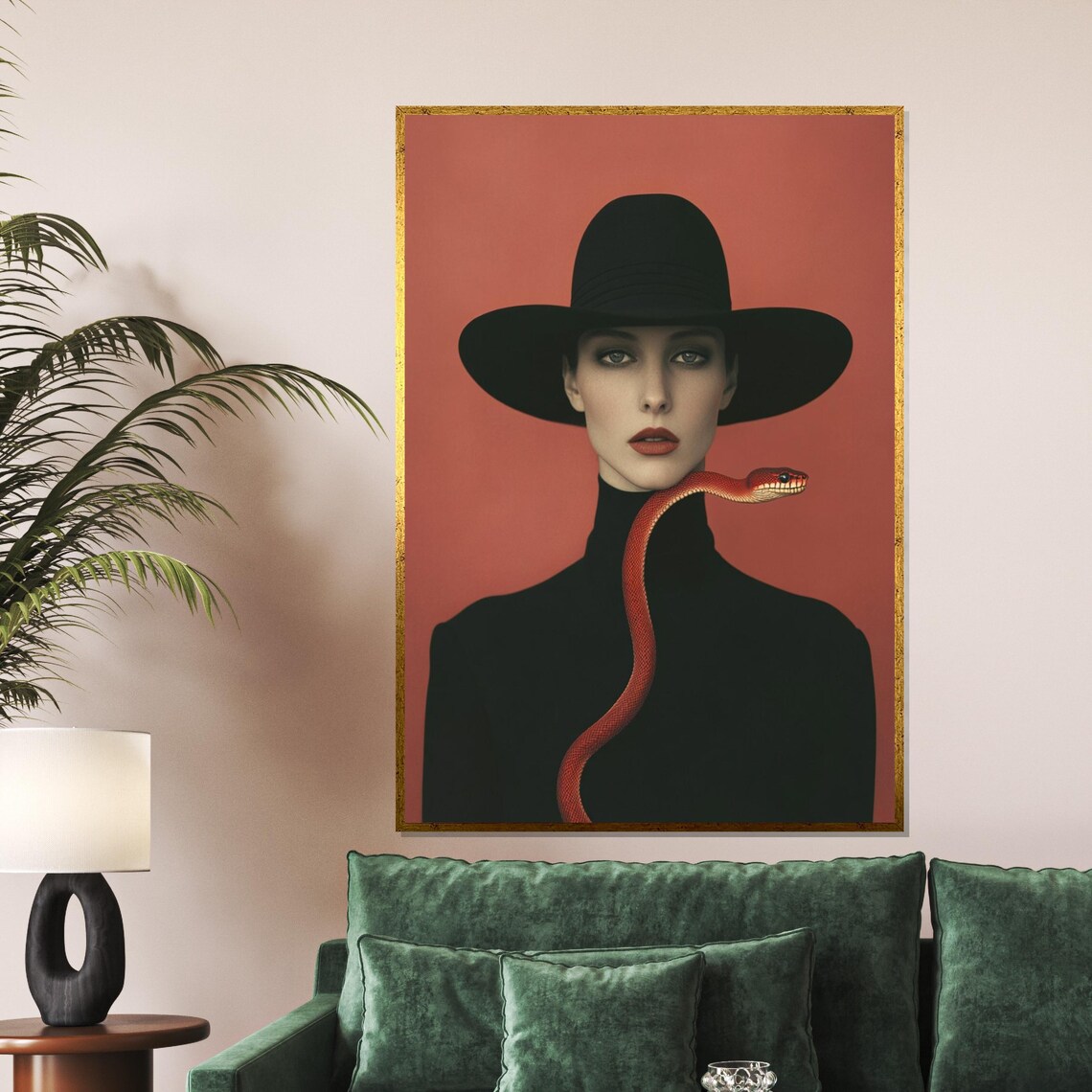 Woman Black Hat Red Snake Surreal Fashion Portrait Art Poster