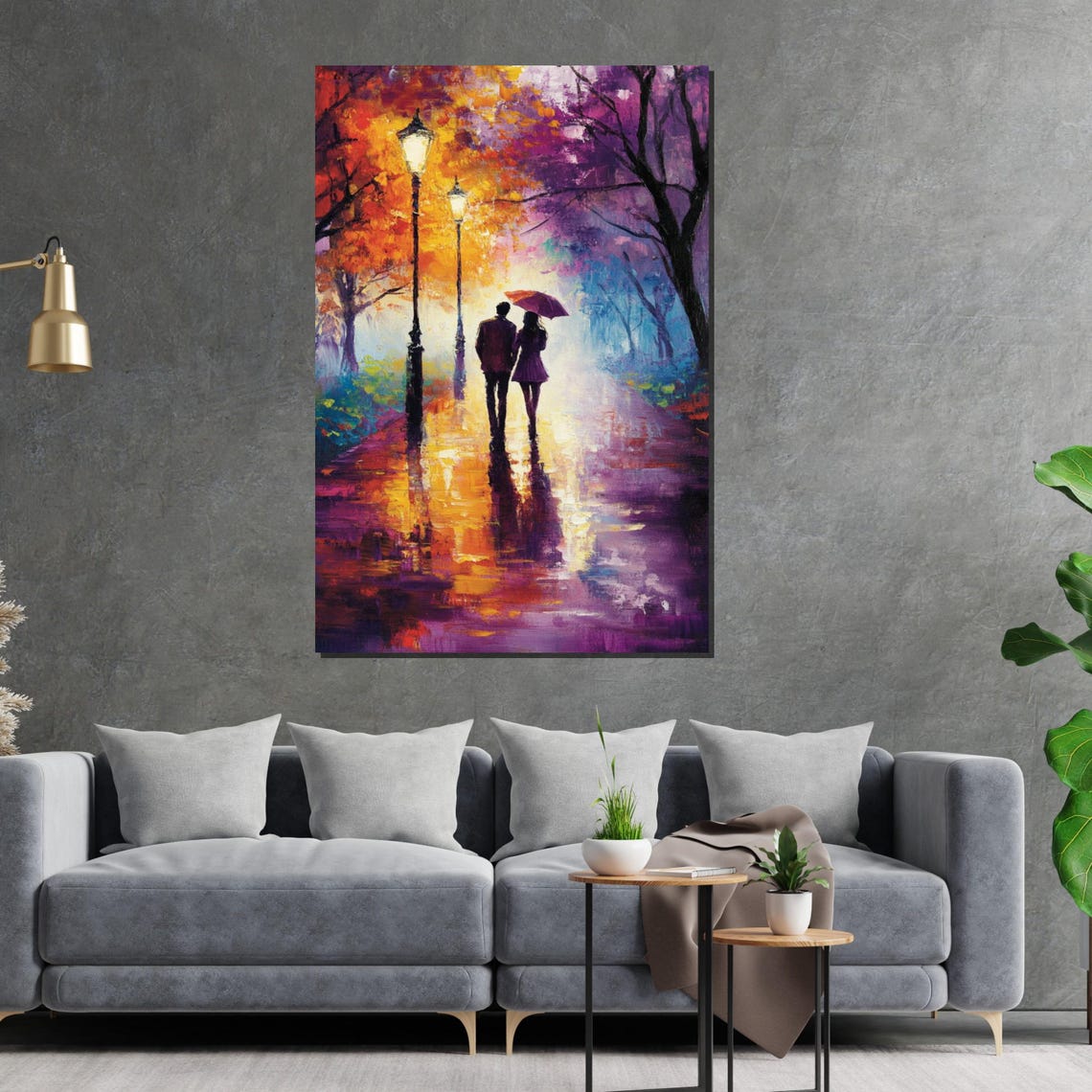 Romantic Couple With Umbrella Rainy Night Walk Autumn Park Poster - Image 2