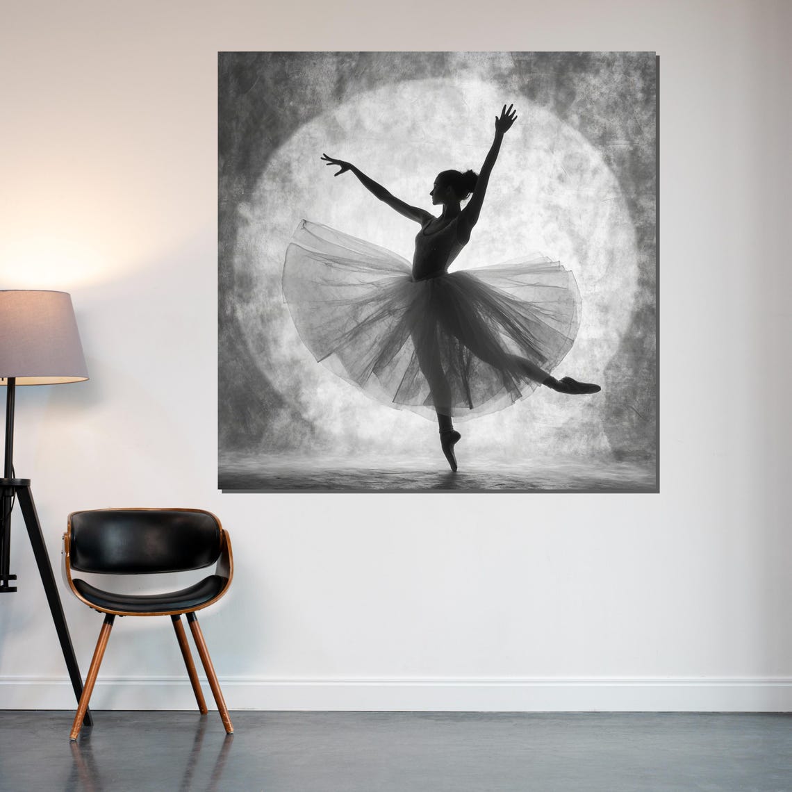 Ballerina Silhouette Dancing Against Full Moon Monochrome Poster - Image 2