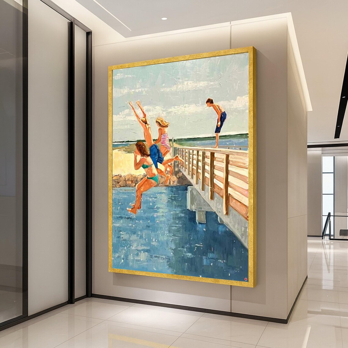 Children Jumping Off Pier Summer Sea Joy Nostalgic Painting Wall Art