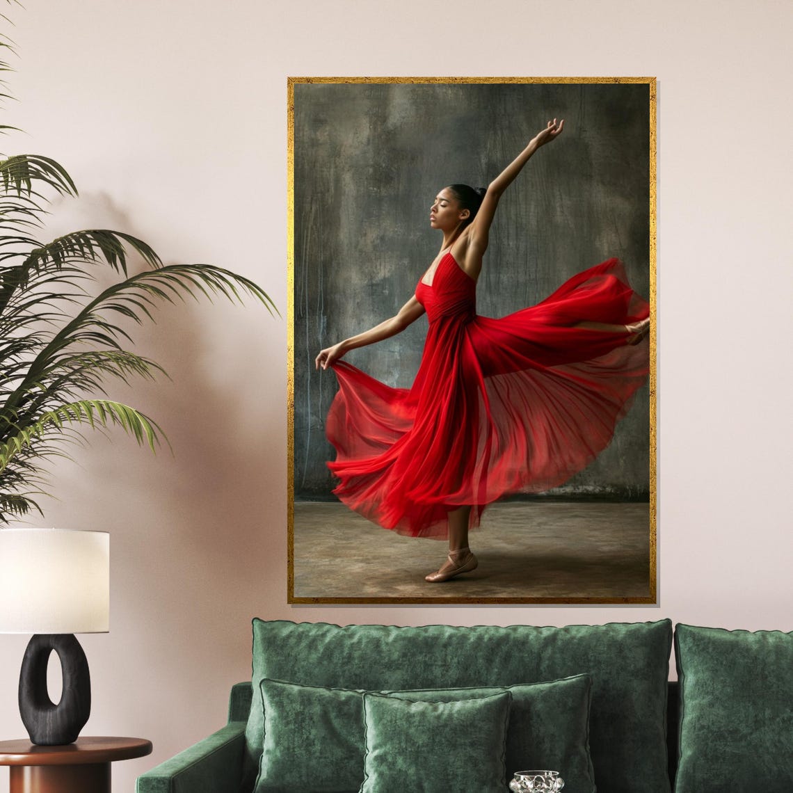 Woman Crimson Gown Mid Leap Dark Dramatic Motion Stage Poster
