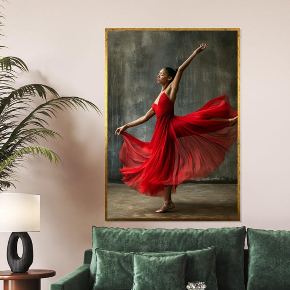 Ballet Elegance Red Dress Dancer Art Graceful Ballet Wall Art Dance Poster Wall Art Design Ready To Hang Decor