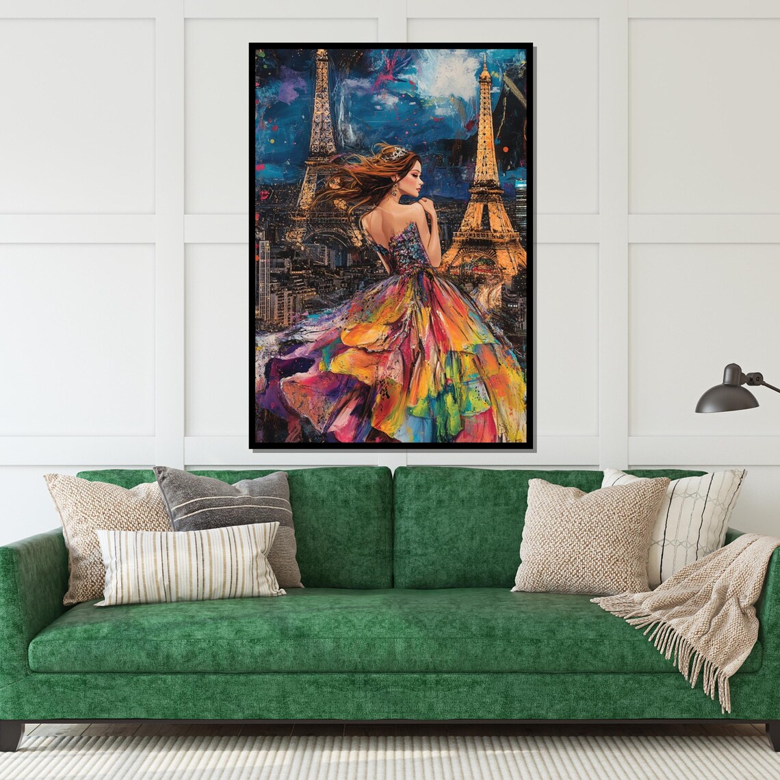 Woman In Multicolor Gown Twin Eiffel Towers Paris Night Fashion Poster - Image 5