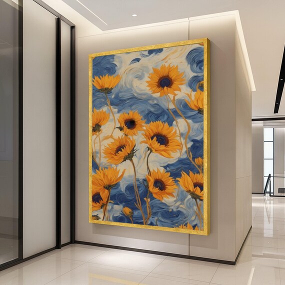 Sunflowers on Starry Blue Swirl Background Floral Painting Poster