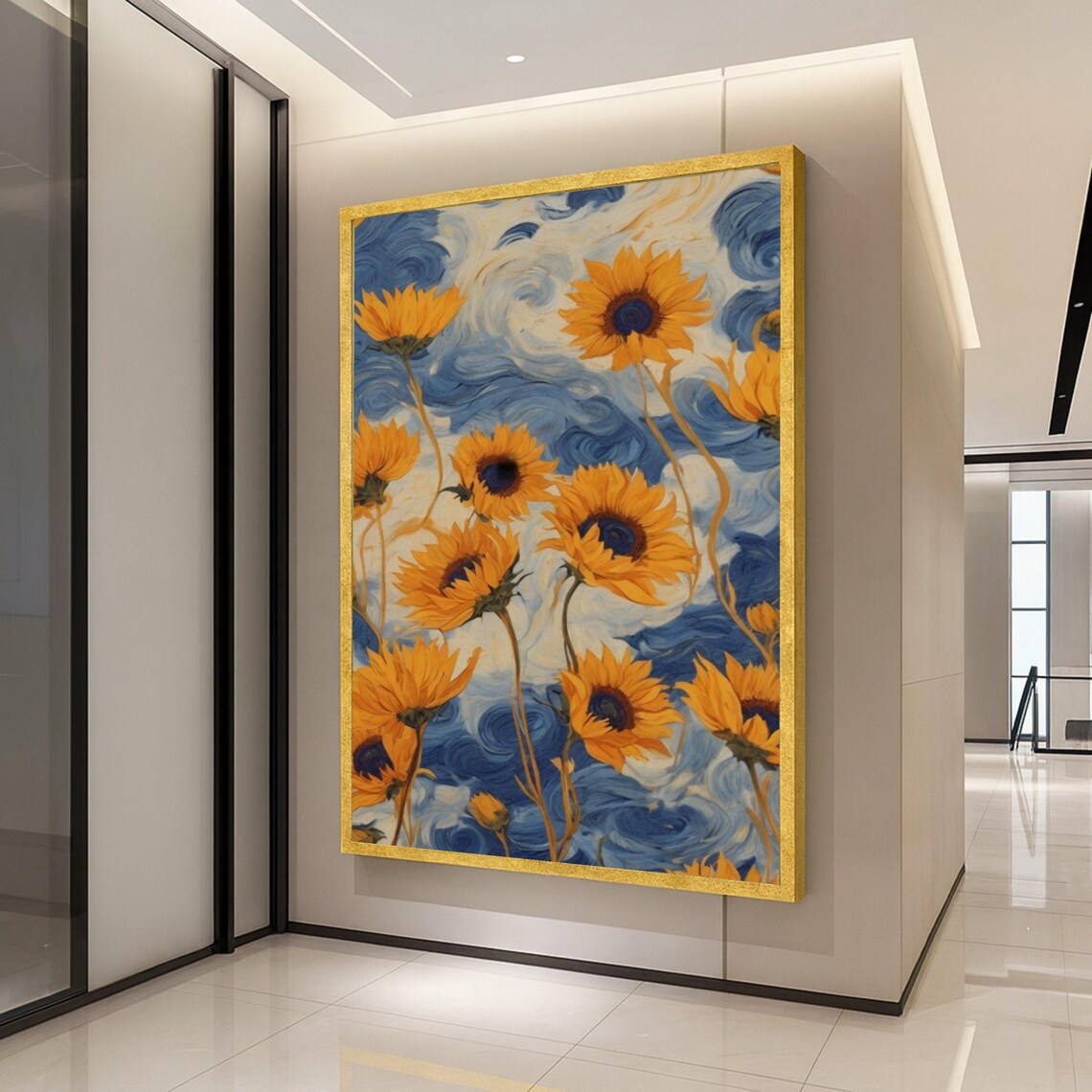Sunflowers on Starry Blue Swirl Background Floral Painting Poster