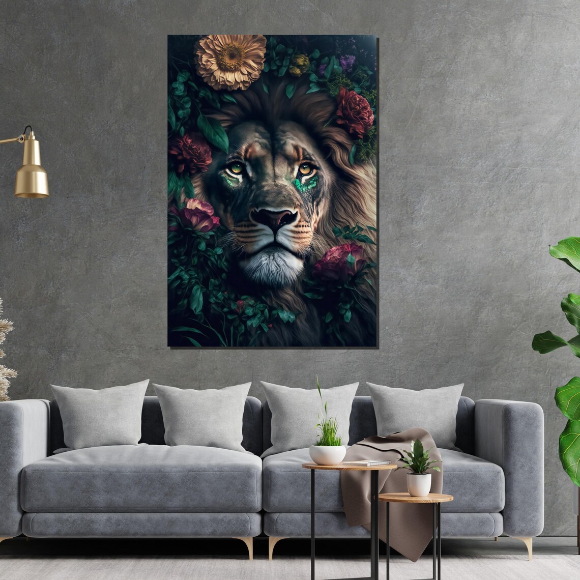 Floral Lion Portrait Blooming Botanical Wild Cat Decorative Poster - Image 2