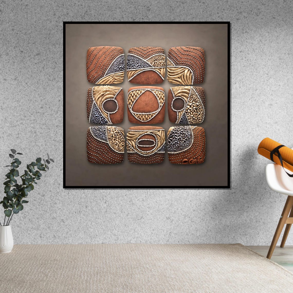 Terracotta Tribal Panels 3x3 Woven Texture Earth Tone Wall Art - Image 5