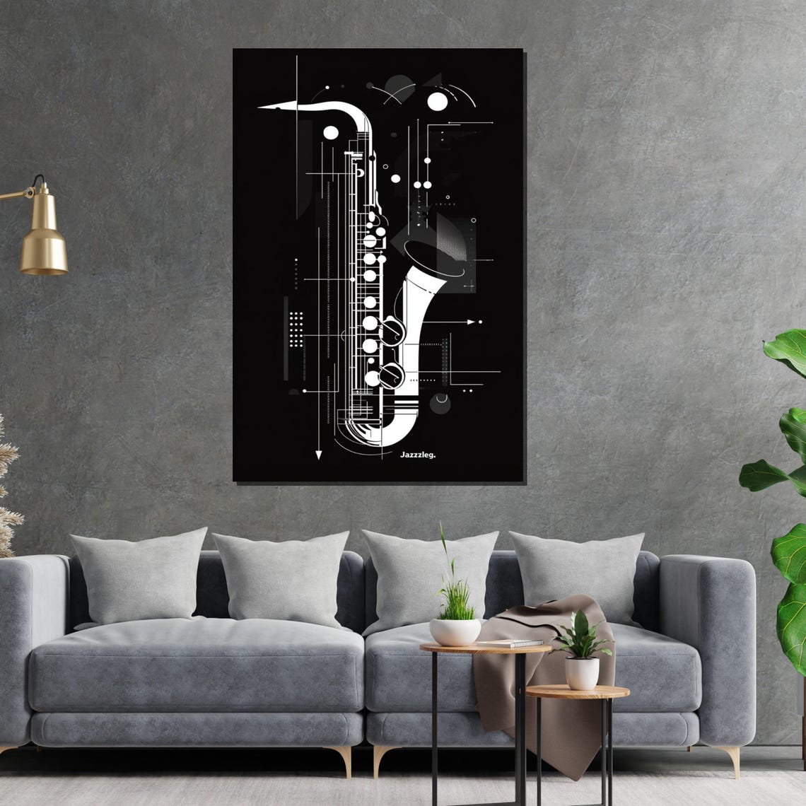 Black And White Saxophone Blueprint Line Art Modern Jazz Music Poster - Image 2