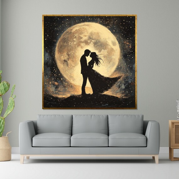 Moonlit Romance Silhouette Couple Art Romantic Wall Print Starry Night Decor Wall Art Design Ready To Hang Decoration