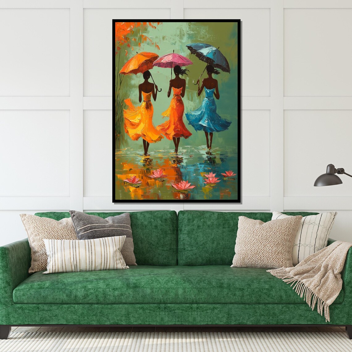 Three Women Colorful Umbrellas Lotus Water Strolling Rain Art Poster - Image 5
