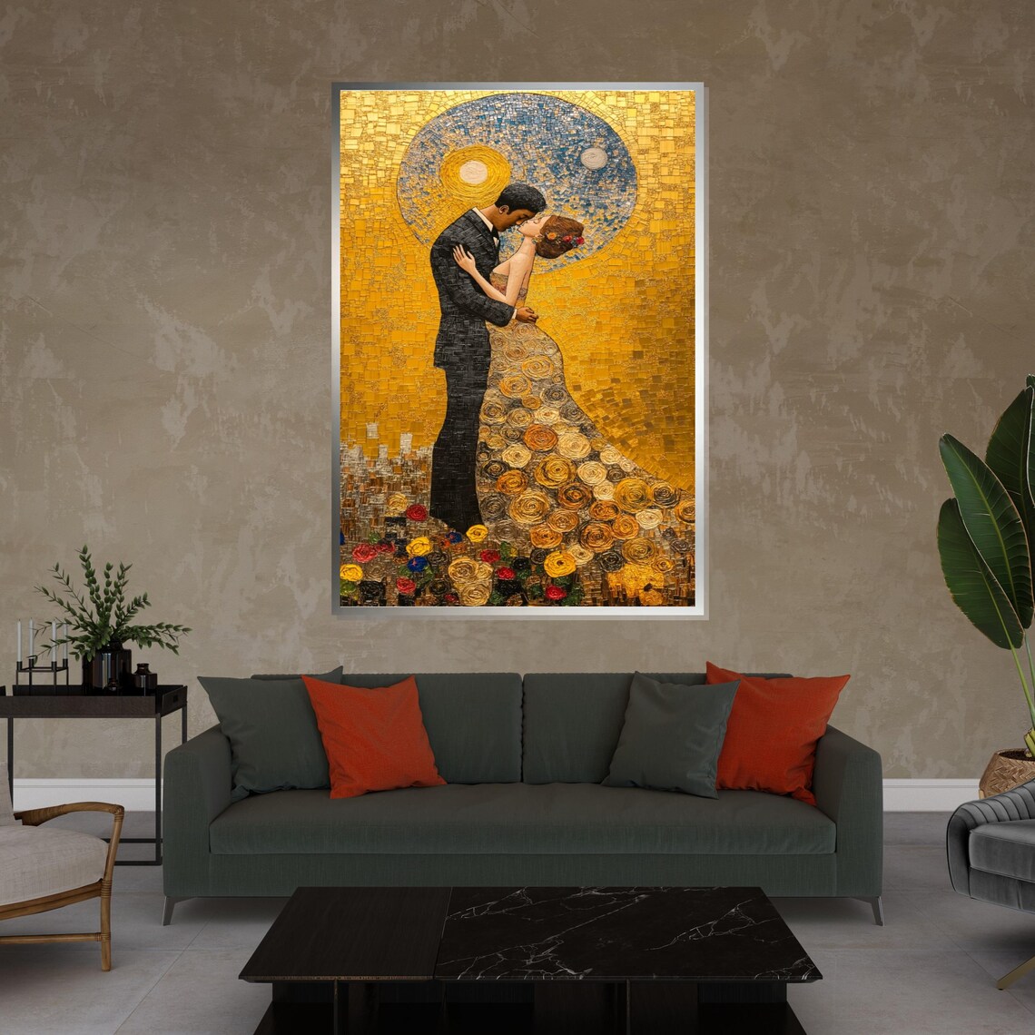 Shimmering Golden Mosaic Couple Kissing Klimt Style Romantic Poster - Image 4