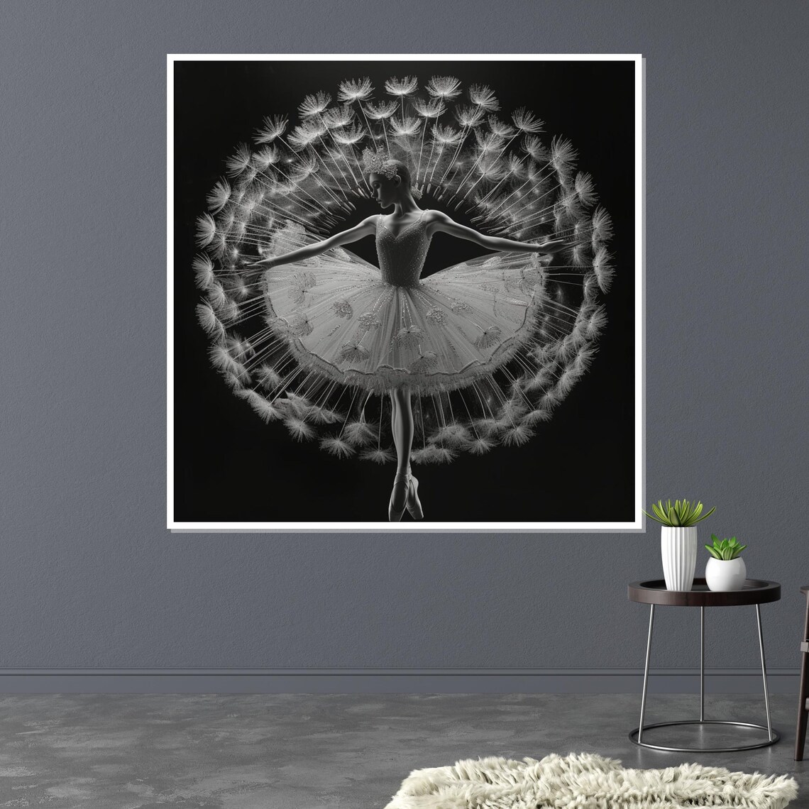 Ballerina Inside Dandelion Seed Head Black and White Art Poster - Image 3