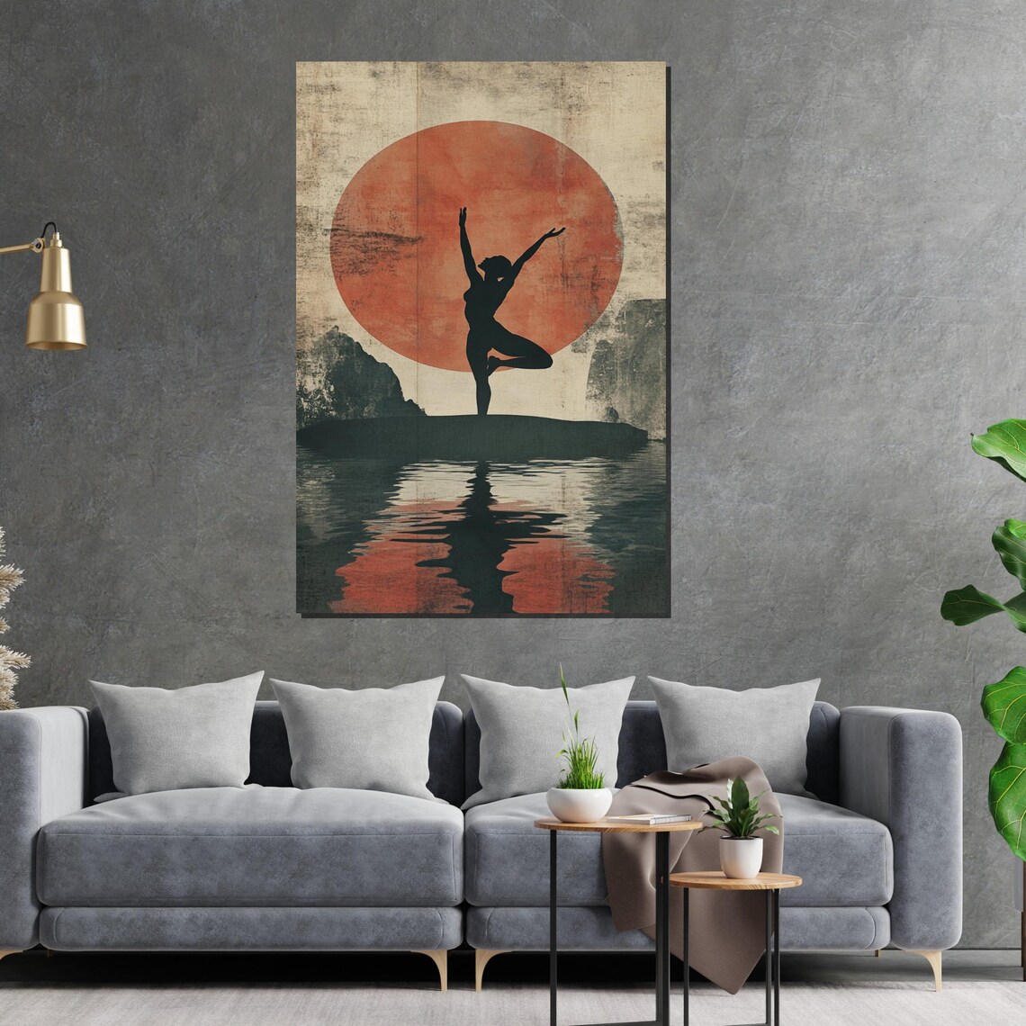 Tree Pose Dancer Red Sun Water Japanese Zen Style Art Poster - Image 2