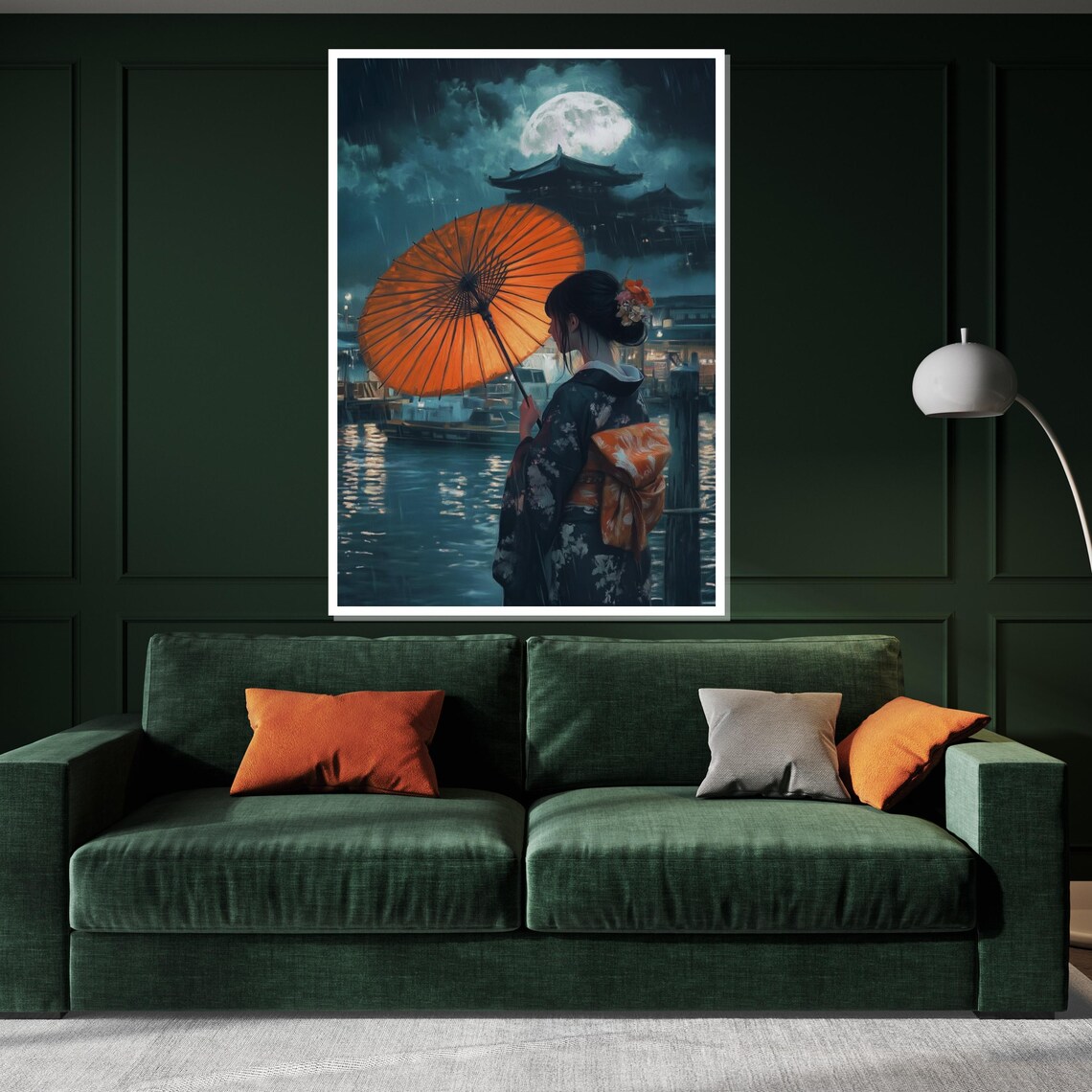Geisha Rainy Night Full Moon Orange Parasol Temple Art Poster - Image 3