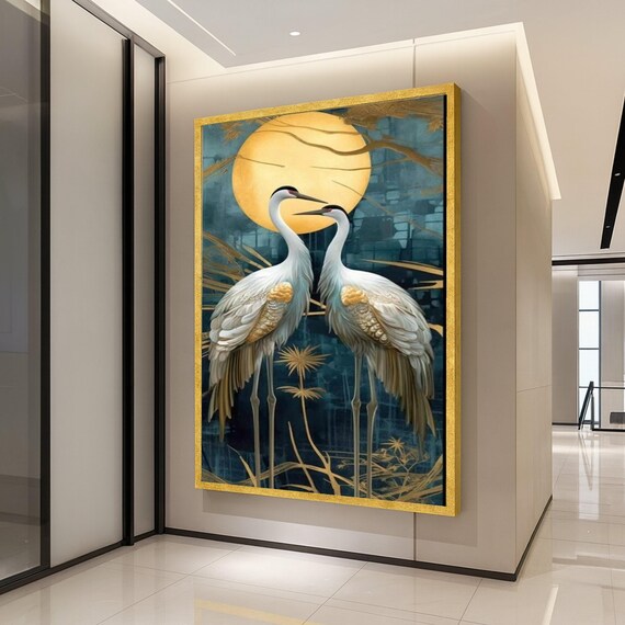 Pair of White Cranes Golden Moonlight Asian Style Elegant Poster