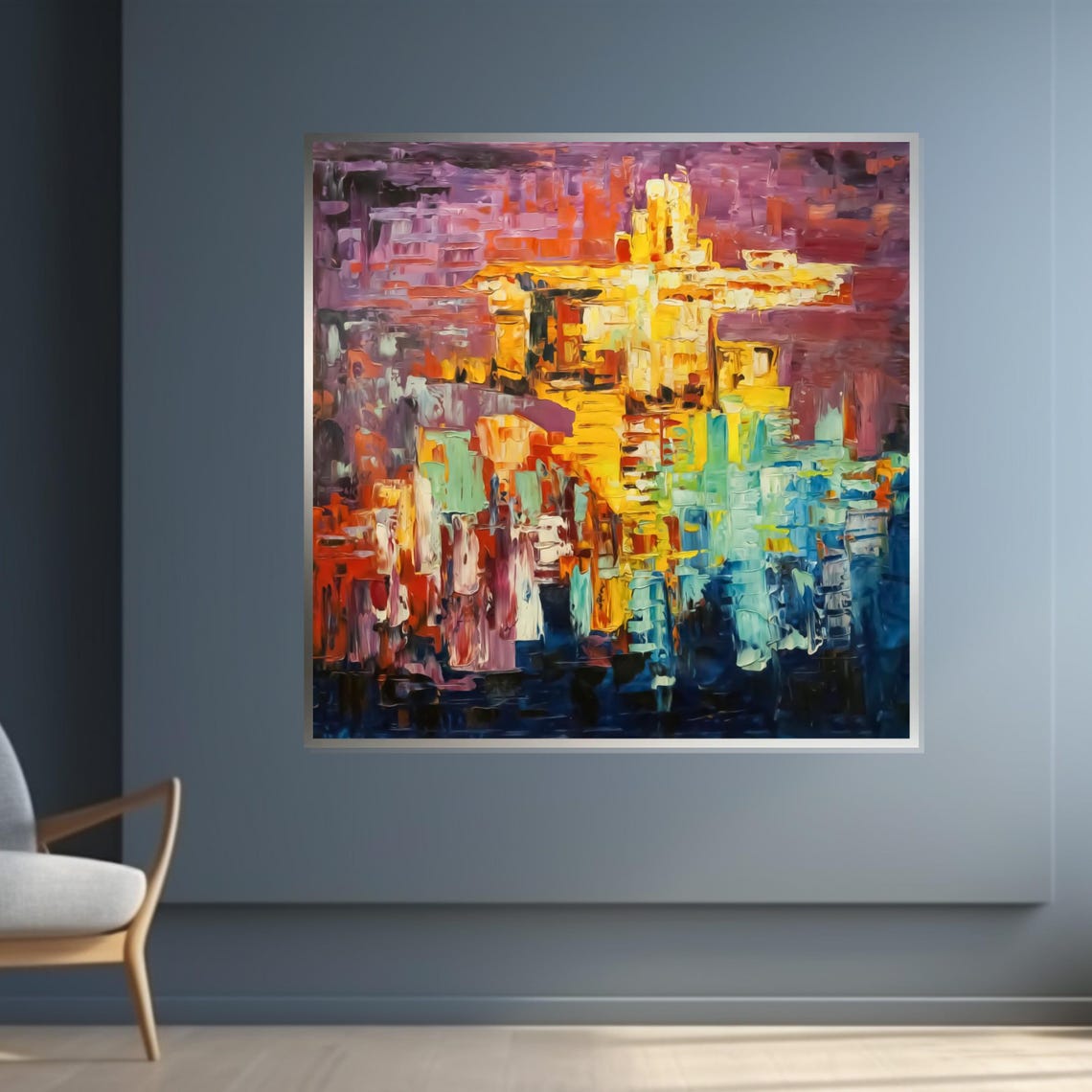 Abstract Cityscape Sunset Impasto Golden Purple Brushstroke Print - Image 4