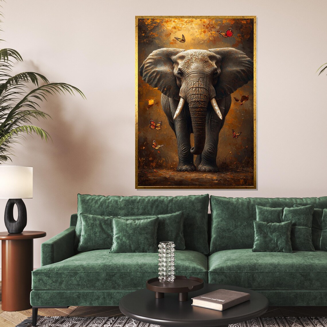 Majestic Elephant with Butterflies Golden Wildlife Art Decor Poster