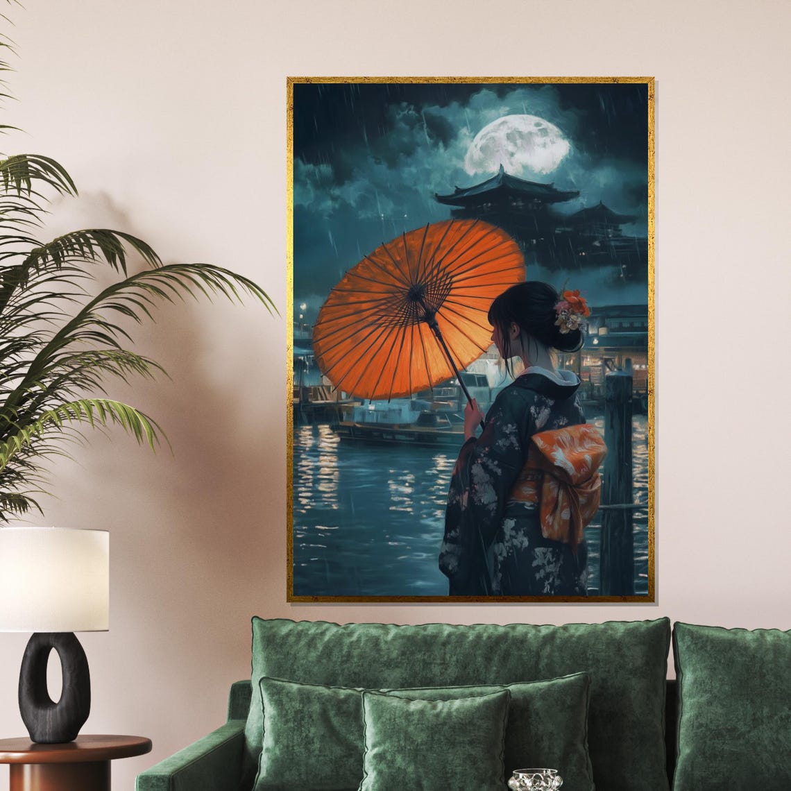 Geisha Rainy Night Full Moon Orange Parasol Temple Art Poster