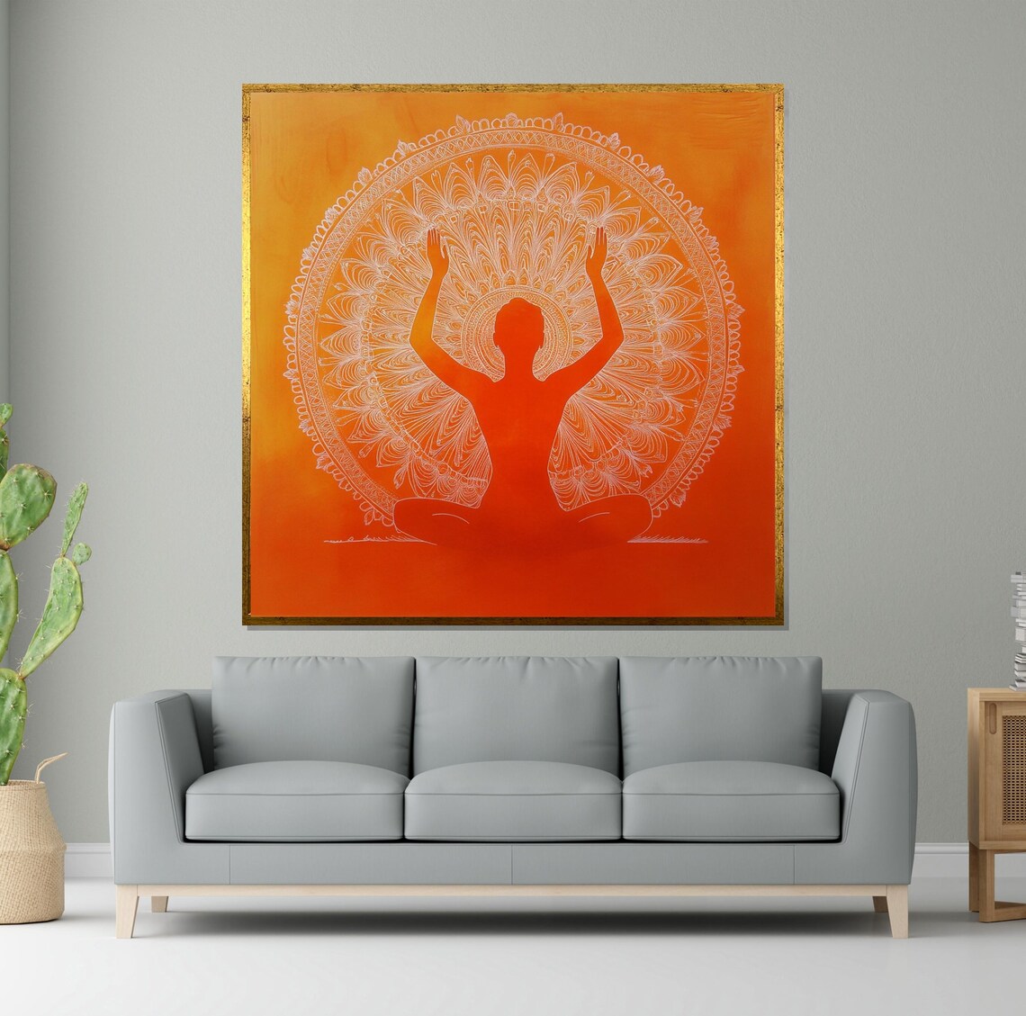 Orange Meditation Silhouette White Mandala Modern Yoga Art Poster