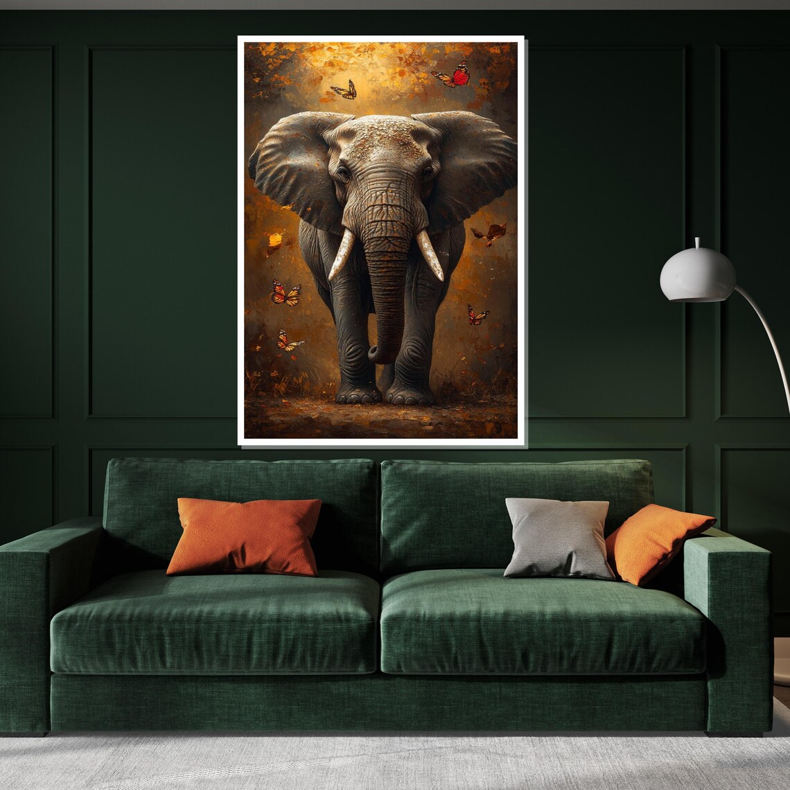 Majestic Elephant with Butterflies Golden Wildlife Art Decor Poster - Image 3