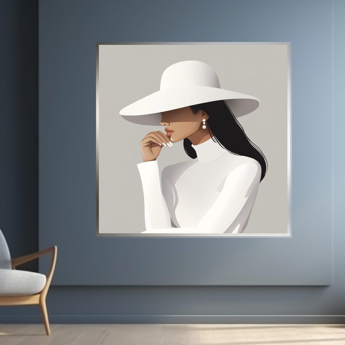 Minimalist Lady In White Hat And Turtleneck Soft Neutral Style Poster - Image 3