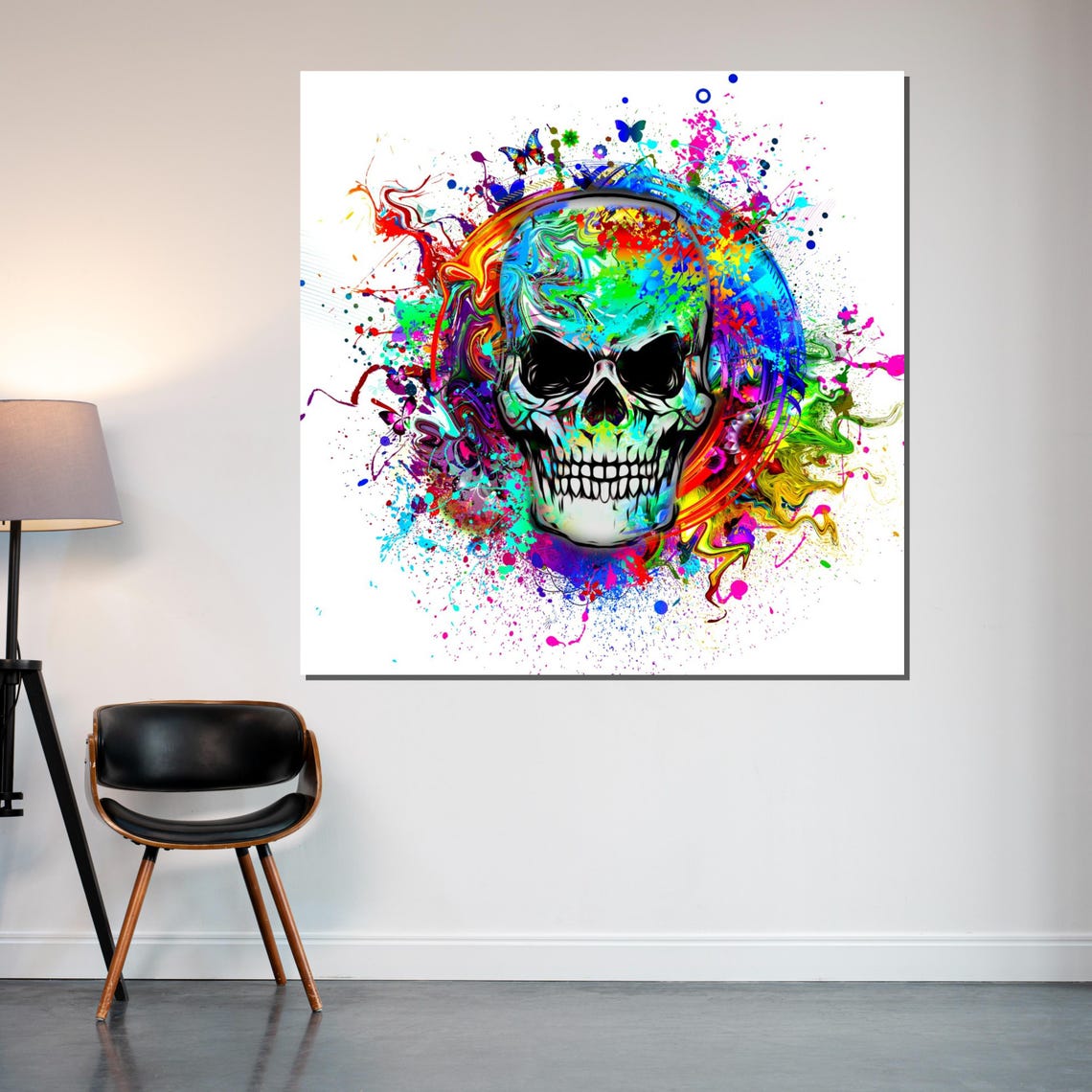 Colorful Paint Splash Skull Butterflies Neon Punk Pop Poster - Image 2