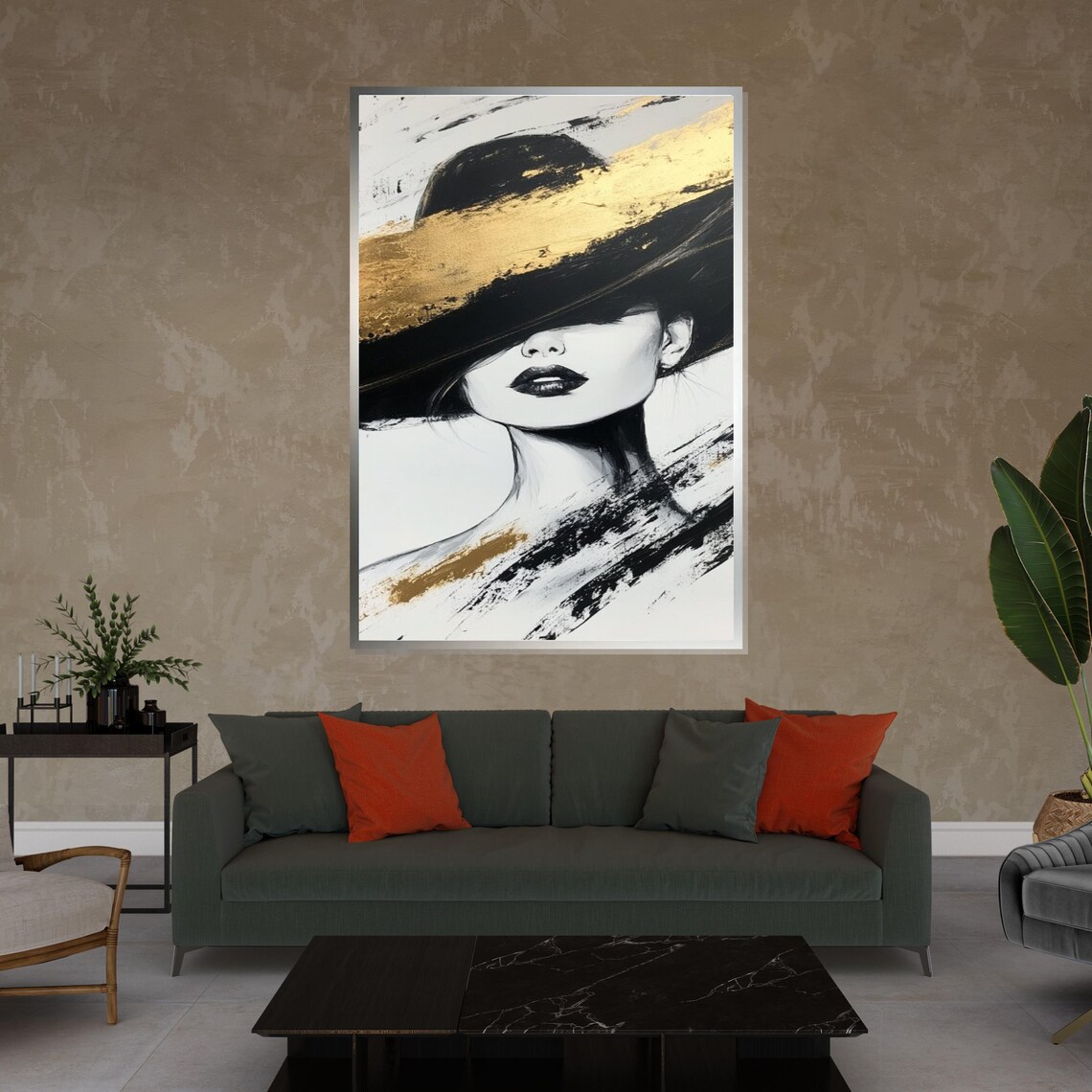 Mysterious Woman in Black Hat Gold Brushstroke Fashion Art Poster - Image 4