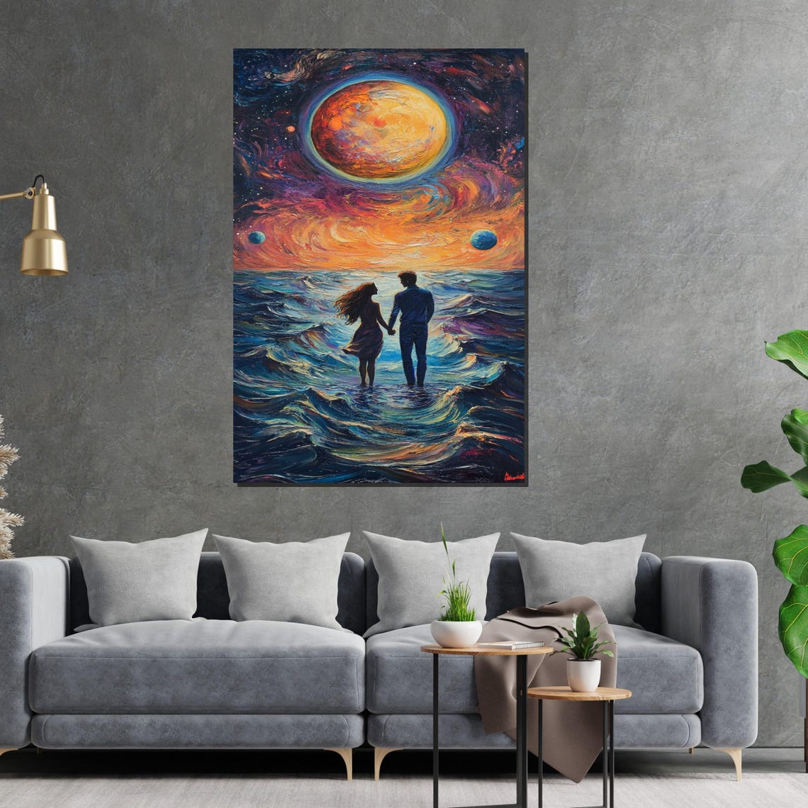 Lovers Walking Cosmic Ocean Giant Planet Surreal Romance Poster - Image 2