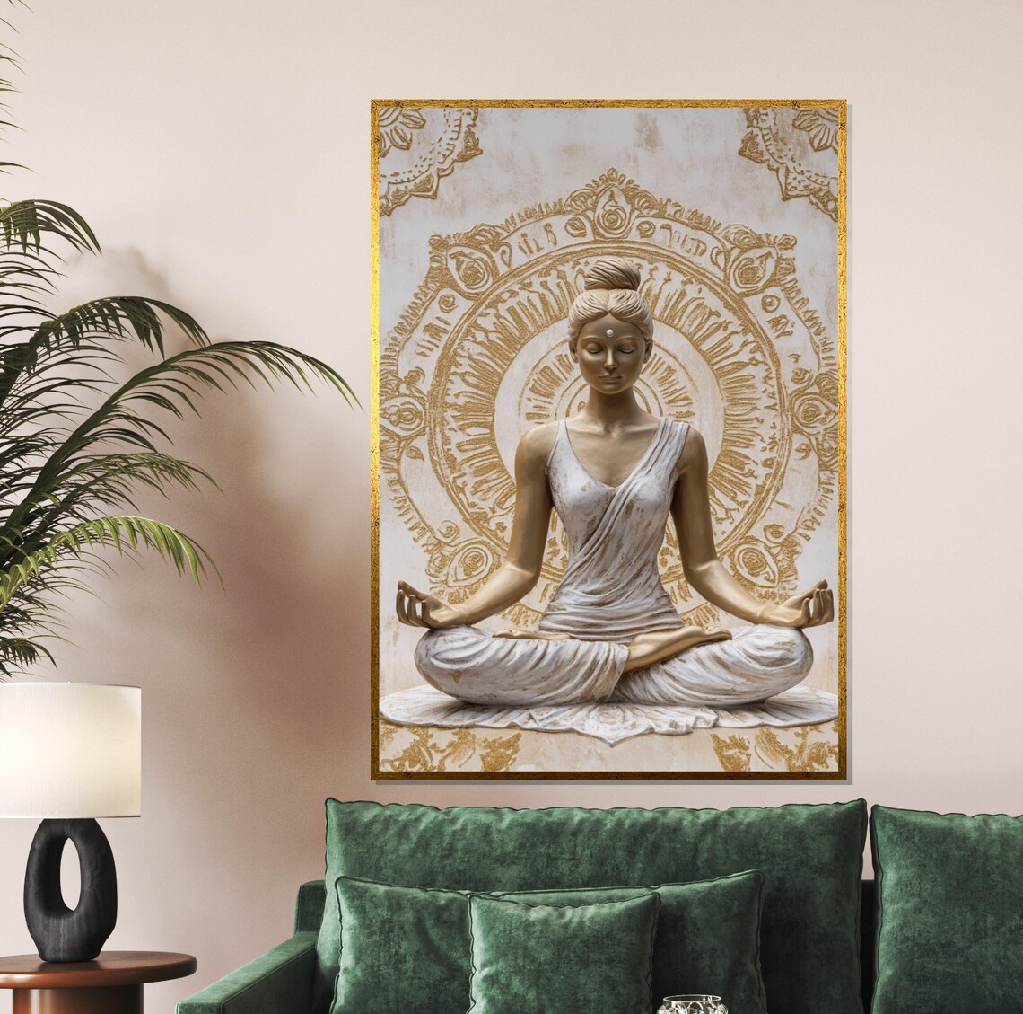 Serene Golden Meditating Woman Mandala Halo Spiritual Yoga Art Poster