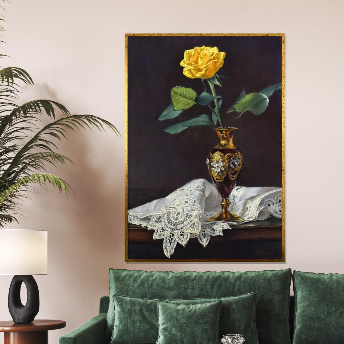 Yellow Rose In Ornate Gold Vase With Lace Classic Floral Wall Art